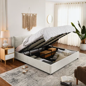 King Size Storage Upholstered Hydraulic Platform Bed with Integrated Headboard, Chenille Fabric, Beige, Chenille, Beds King Size Storage Upholstered Hydraulic Platform Bed with Integrated Headboard, Chenille Fabric, Beige, Chenille, Beds