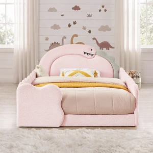 Full Size Dinosaur Shaped Bed with Safety Guardraild, Solid Bed Frame for Boucle Fabric, Pink, Boucle, Beds Frames Bases Full Size Dinosaur Shaped Bed with Safety Guardraild, Solid Bed Frame for Boucle Fabric, Pink, Boucle, Beds Frames Bases