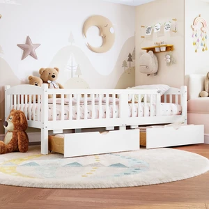 Twin Platform Bed with Full Length Guardrails, Kids Platform Bed with Storage Drawers Childlike and Headboard Design Twin Platform Bed with Full Length Guardrails, Kids Platform Bed with Storage Drawers Childlike and Headboard Design