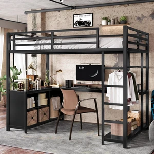 Metal Loft Bed with Wardrobe and L-Shaped Desk, Twin Size Loft Bed with Storage Cubes and Shelves for Kids Teens Metal Loft Bed with Wardrobe and L-Shaped Desk, Twin Size Loft Bed with Storage Cubes and Shelves for Kids Teens