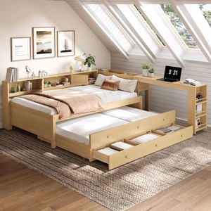 Twin Size Daybed with Trundle, Daybed Frame with Storage Drawers Side Shelves and Desk, Light Natural, MDF, Pine Twin Size Daybed with Trundle, Daybed Frame with Storage Drawers Side Shelves and Desk, Light Natural, MDF, Pine