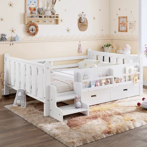 Full Size Floor Bed with Storage Bookcases and Drawers, Solid Kids Floor Bed with Stairs and Guardrails Box Spring Full Size Floor Bed with Storage Bookcases and Drawers, Solid Kids Floor Bed with Stairs and Guardrails Box Spring