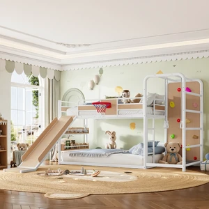 Full Size Metal Loft Bed with Basketball Hoop, Pull Rings Climbing Wall and Built in Bookshelves Playful Children Full Size Metal Loft Bed with Basketball Hoop, Pull Rings Climbing Wall and Built in Bookshelves Playful Children