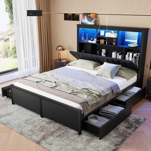Queen Bed Frame with High Storage Headboard, Bed Frame with LED and Charging Station Storage Drawers Box Spring Needed Queen Bed Frame with High Storage Headboard, Bed Frame with LED and Charging Station Storage Drawers Box Spring Needed