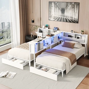 2 Twin Size Bed Frame with Storage Bookcase Divider and LED Lights, Double Twin Bed with Large Drawers and Headboard 2 Twin Size Bed Frame with Storage Bookcase Divider and LED Lights, Double Twin Bed with Large Drawers and Headboard