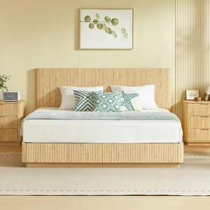King Size Bed Frame with LED Lights, Wooden Corrugated Curved Lines Convex Groove Board Design, Oak, MDF and Steel King Size Bed Frame with LED Lights, Wooden Corrugated Curved Lines Convex Groove Board Design, Oak, MDF and Steel