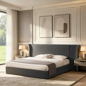 King Size Wing-Back Upholstered Bed Frame, High Large Padded Headboard Soft Chenille Fabric Solid Frame for Mattress King Size Wing-Back Upholstered Bed Frame, High Large Padded Headboard Soft Chenille Fabric Solid Frame for Mattress