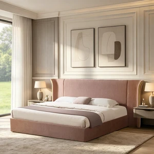 King Size Wing-Back Upholstered Bed Frame, High Large Padded Headboard Soft Chenille Fabric Solid Frame for Mattress King Size Wing-Back Upholstered Bed Frame, High Large Padded Headboard Soft Chenille Fabric Solid Frame for Mattress