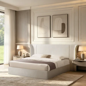 Queen Size Wing-Back Upholstered Bed Frame, High Large Padded Headboard Soft Chenille Fabric Solid Frame for Mattress Queen Size Wing-Back Upholstered Bed Frame, High Large Padded Headboard Soft Chenille Fabric Solid Frame for Mattress