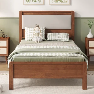 Twin Size, Solid Rubber Wooden Bed with Upholstered Headboard Reinforced Central Support Legs, Brown, Rubber Wood, Beds Twin Size, Solid Rubber Wooden Bed with Upholstered Headboard Reinforced Central Support Legs, Brown, Rubber Wood, Beds