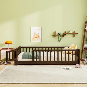 Twin Size Floor Bed with Built in Book Rack and Door, Espresso, Rubber Wood, Beds Frames Bases Twin Size Floor Bed with Built in Book Rack and Door, Espresso, Rubber Wood, Beds Frames Bases