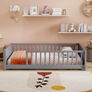 Full Size Rubber Floor Bed with Guardrails, Built in Book Rack Without Door, Grey, Rubber Wood, Beds Frames Bases Full Size Rubber Floor Bed with Guardrails, Built in Book Rack Without Door, Grey, Rubber Wood, Beds Frames Bases