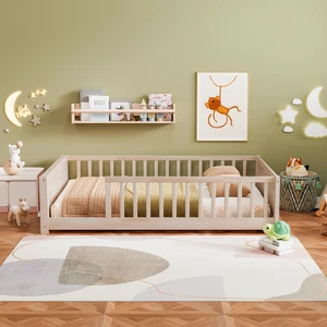 Full Size Rubber Floor Bed with Guardrails, Built in Book Rack Without Door, Natural, Rubber Wood, Beds Frames Bases Full Size Rubber Floor Bed with Guardrails, Built in Book Rack Without Door, Natural, Rubber Wood, Beds Frames Bases
