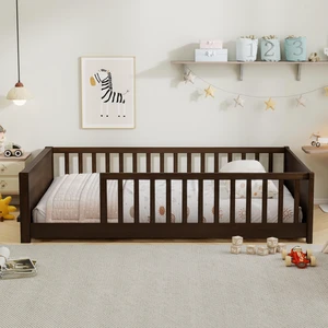 Full Size Rubber Floor Bed with Guardrails, Built in Book Rack Without Door, Espresso, Rubber Wood, Beds Frames Bases Full Size Rubber Floor Bed with Guardrails, Built in Book Rack Without Door, Espresso, Rubber Wood, Beds Frames Bases