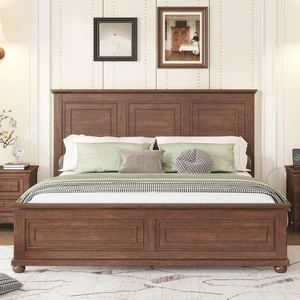 King Size Bed with Tall Headboard, Footboard USB Charging Station Pinewood Bed with Strengthened Frame, Walnut, Pine King Size Bed with Tall Headboard, Footboard USB Charging Station Pinewood Bed with Strengthened Frame, Walnut, Pine