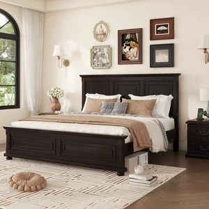 King Size Bed with Tall Headboard, Footboard USB Charging Station Pinewood Bed with Strengthened Frame Rich, Brown King Size Bed with Tall Headboard, Footboard USB Charging Station Pinewood Bed with Strengthened Frame Rich, Brown