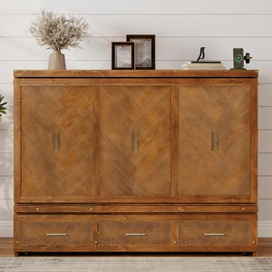 Queen Size Murphy Bed, Wood Cabinet Bed with Built in USB Charging Station and Geometrical Decoration Panel, Walnut Queen Size Murphy Bed, Wood Cabinet Bed with Built in USB Charging Station and Geometrical Decoration Panel, Walnut