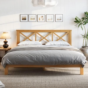 Queen Platform Bed with Design Headboard, Bamboo Made Bed Frame Queen Size with Suppport Slats Mid-Century, Brown Queen Platform Bed with Design Headboard, Bamboo Made Bed Frame Queen Size with Suppport Slats Mid-Century, Brown