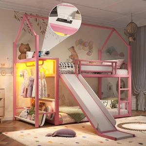 Twin Over Twin Metal Bunk Bed with Slide, LED Clothing Hanging Area Fabric Storage Shelf and Power Outlet Childlike Twin Over Twin Metal Bunk Bed with Slide, LED Clothing Hanging Area Fabric Storage Shelf and Power Outlet Childlike
