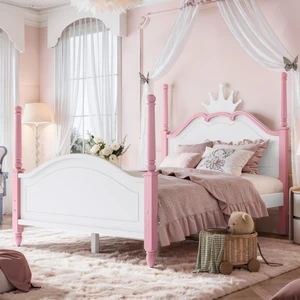 Full Size Crown Shaped Platform Bed, Four Poster Wooden Bed Frame Curved Headboard Frame, Pink White, MDF, Pine Full Size Crown Shaped Platform Bed, Four Poster Wooden Bed Frame Curved Headboard Frame, Pink White, MDF, Pine