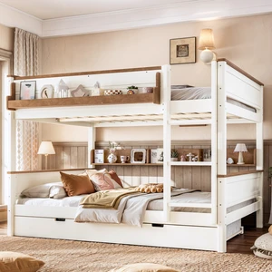 Queen Over Queen Bunk Bed with Pull-Out Trundle Bed, Side Storage Shelf Detachable Bunk Frame Convertible Into Separate Queen Over Queen Bunk Bed with Pull-Out Trundle Bed, Side Storage Shelf Detachable Bunk Frame Convertible Into Separate