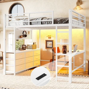 Full Size Loft Bed with Desk, Loft Bed with Drawers with LED and USB Frame with Mirror Functional High for Teens Full Size Loft Bed with Desk, Loft Bed with Drawers with LED and USB Frame with Mirror Functional High for Teens