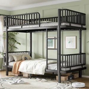 Twin Over Twin Bunk Bed with Ladders and Guardrails, Metal Bunk Bed Frame with Upgraded Safety Round Pipe Design Can Twin Over Twin Bunk Bed with Ladders and Guardrails, Metal Bunk Bed Frame with Upgraded Safety Round Pipe Design Can