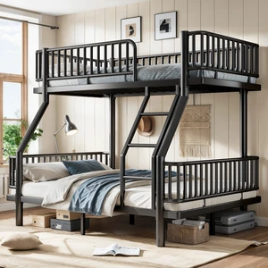 Twin Over Full Bunk Bed with Ladders and Guardrails, Metal Bunk Bed Frame with Upgraded Safety Round Pipe Design Twin Over Full Bunk Bed with Ladders and Guardrails, Metal Bunk Bed Frame with Upgraded Safety Round Pipe Design