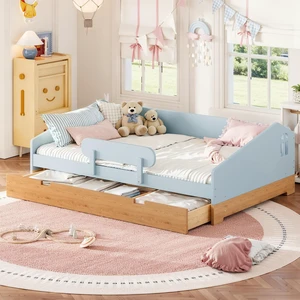 Full Size Design Floor Bed with Large Storage Drawers and Safety Guardrails, Floor Bed Frame with Slats for Kids Girls Full Size Design Floor Bed with Large Storage Drawers and Safety Guardrails, Floor Bed Frame with Slats for Kids Girls
