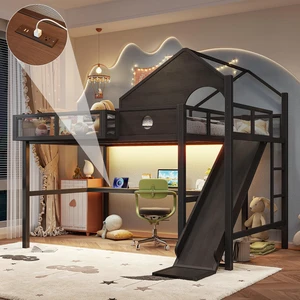 Full Size Multifunctional Loft Bed with Slide, Desk and Storage Shelves Metal Loft Bed Frame with USB Ports and LED Full Size Multifunctional Loft Bed with Slide, Desk and Storage Shelves Metal Loft Bed Frame with USB Ports and LED