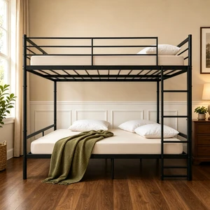 Queen Over Queen Bunk Bed Metal, Heavy Duty Metal Bunk Bed with Full Guardrails and Front Ladder Convertible Into Queen Over Queen Bunk Bed Metal, Heavy Duty Metal Bunk Bed with Full Guardrails and Front Ladder Convertible Into