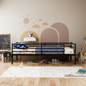 Twin Size Metal Bed Frame for Kids, Low Profile Platform Bed with Surrounding Guardrails and Metal Slats Box Spring Twin Size Metal Bed Frame for Kids, Low Profile Platform Bed with Surrounding Guardrails and Metal Slats Box Spring