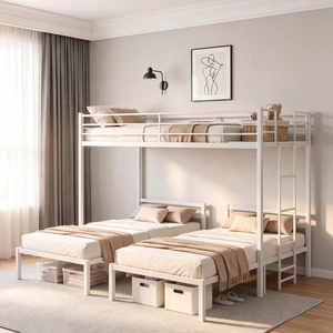 Triple Bunk Bed Frame Twin Over Twin and Heavy Duty Metal T-Shaped Loft Bed for Kids and Teens Safety Guardrails Triple Bunk Bed Frame Twin Over Twin and Heavy Duty Metal T-Shaped Loft Bed for Kids and Teens Safety Guardrails