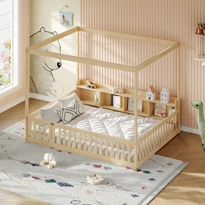 Full Size Montessori Floor Bed, Headboard with Open Storage Cubbies Sided Guardrails with Access Door Dual Use Bed Full Size Montessori Floor Bed, Headboard with Open Storage Cubbies Sided Guardrails with Access Door Dual Use Bed