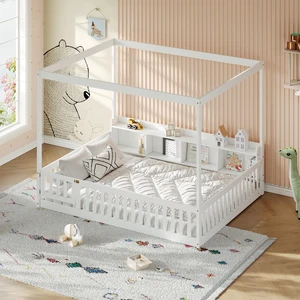 Full Size Montessori Floor Bed, Headboard with Open Storage Cubbies Sided Guardrails with Access Door Dual Use Bed Full Size Montessori Floor Bed, Headboard with Open Storage Cubbies Sided Guardrails with Access Door Dual Use Bed