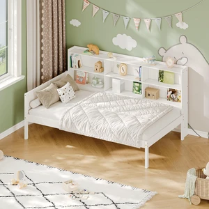 Twin Size Solid Single Bed with Large Compartment Storage Headboard Bookshelf, Simple Solid Bed Frame Functional Twin Size Solid Single Bed with Large Compartment Storage Headboard Bookshelf, Simple Solid Bed Frame Functional