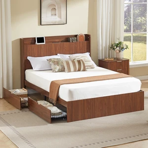 Queen Size Platform Bed Frame with Storage Drawers and Built in Charging Station, Wooden Storage Box Bed Large Capacity Queen Size Platform Bed Frame with Storage Drawers and Built in Charging Station, Wooden Storage Box Bed Large Capacity