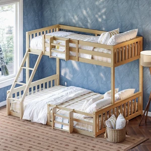 Twin Over Full Floor Bunk Bed with Ladder and Bookshelf, Space Saving Noise Box Spring Needed, Natural, Wood, Beds Twin Over Full Floor Bunk Bed with Ladder and Bookshelf, Space Saving Noise Box Spring Needed, Natural, Wood, Beds