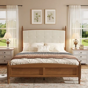 Queen Size Bed Frame in Walnut Finish, Spindle Platform Bed Supported, Walnut Brown, MDF and Metal, Beds Frames Bases Queen Size Bed Frame in Walnut Finish, Spindle Platform Bed Supported, Walnut Brown, MDF and Metal, Beds Frames Bases
