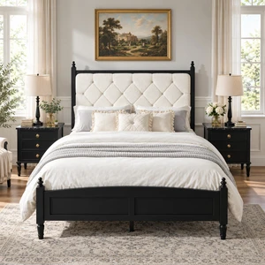 Queen Size Easy Assembly Upholstered Platform Bed Frame with Soft Padded Headboard, Noise Metal Support, Beige Black Queen Size Easy Assembly Upholstered Platform Bed Frame with Soft Padded Headboard, Noise Metal Support, Beige Black