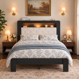 Queen Platform Bed Frame, Frame with Soft Velvet Slat Support System Easy Assemble Box Spring Required Furniture, Black Queen Platform Bed Frame, Frame with Soft Velvet Slat Support System Easy Assemble Box Spring Required Furniture, Black