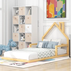 Twin Size Floor Bed with Shaped Headboard, Natural, Solid Wood and MDF, Beds Frames Bases Twin Size Floor Bed with Shaped Headboard, Natural, Solid Wood and MDF, Beds Frames Bases