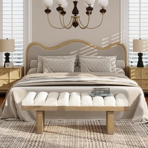 Bella 52 Inch Upholstered Accent Bench, Boucle, Ivory White, Benches Stools