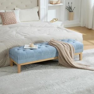 63 Inch Wide Upholstered Chenille Accent End Bed Bench Ottoman with Nature Finished Rubberwood Legs, Tufted Footstool 63 Inch Wide Upholstered Chenille Accent End Bed Bench Ottoman with Nature Finished Rubberwood Legs, Tufted Footstool