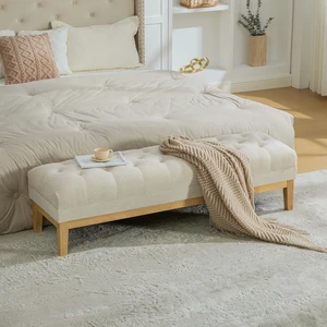 63 Inch Wide Upholstered Chenille Accent End Bed Bench Ottoman with Nature Finished Rubberwood Legs, Tufted Footstool 63 Inch Wide Upholstered Chenille Accent End Bed Bench Ottoman with Nature Finished Rubberwood Legs, Tufted Footstool