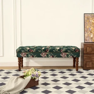 European Tufted Floral Bench with Turned Wood Legs, American Upholstered Ottoman for and Primary Living Space, Green European Tufted Floral Bench with Turned Wood Legs, American Upholstered Ottoman for and Primary Living Space, Green