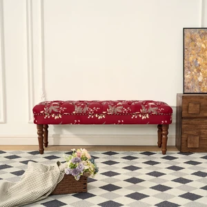 European Tufted Floral Bench with Turned Wood Legs, American Upholstered Ottoman for and Primary Living Space Wine European Tufted Floral Bench with Turned Wood Legs, American Upholstered Ottoman for and Primary Living Space Wine