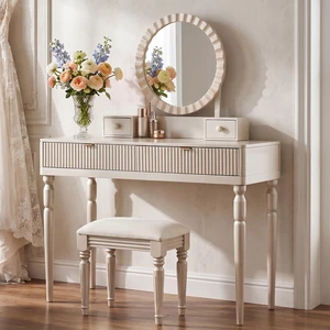 Vanity Desk with Round Mirror, Height Adjustable Dressing Table Set 4 Drawers and Stool, Champagne, Solid Wood and MDF Vanity Desk with Round Mirror, Height Adjustable Dressing Table Set 4 Drawers and Stool, Champagne, Solid Wood and MDF