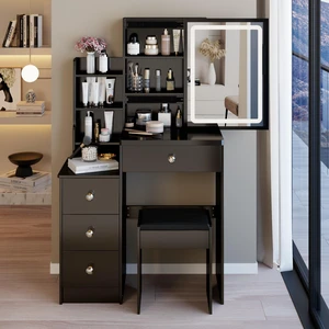29.2 Inch Small Size Left Bedside Cabinet Vanity Table Cushioned Stool, Large Sliding Touch Control Tri Color Switching 29.2 Inch Small Size Left Bedside Cabinet Vanity Table Cushioned Stool, Large Sliding Touch Control Tri Color Switching