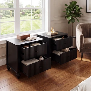 Fluted Nightstand Set, Pinewood MDF Plywood Bedside Table with 2 Drawers Weight Capacity 120 LBS Night Stand, Black Fluted Nightstand Set, Pinewood MDF Plywood Bedside Table with 2 Drawers Weight Capacity 120 LBS Night Stand, Black